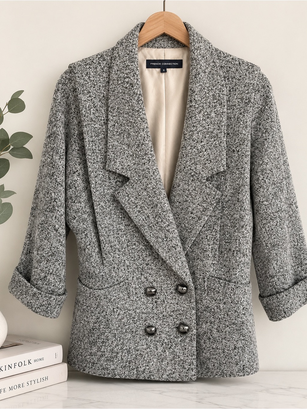 French Connection Wool Blend Double Breasted Blazer Jacket Grey Size 6